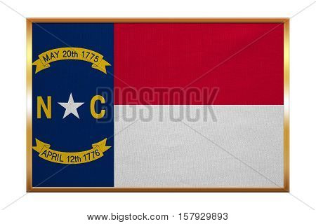 Flag of the US state of North Carolina. American patriotic element. USA banner. United States of America symbol. North Carolinian official flag golden frame fabric texture illustration. Accurate size