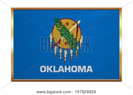 Flag of the US state of Oklahoma. American patriotic element. USA banner. United States of America symbol. Oklahoman official flag golden frame fabric texture illustration. Accurate size colors