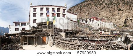 Panoramic view of Marpha village and monastery one of the best villages in round Annapurna circuit trekking trail route Nepal
