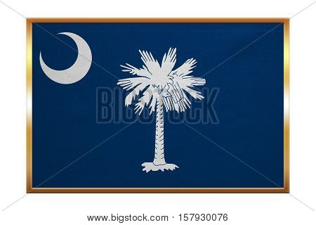 Flag of the US state of South Carolina. American patriotic element. USA banner. United States of America symbol. South Carolinian official flag golden frame fabric texture illustration. Accurate size