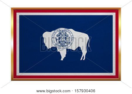 Flag of the US state of Wyoming. American patriotic element. USA banner. United States of America symbol. Wyomingite official flag golden frame fabric texture illustration. Accurate size colors