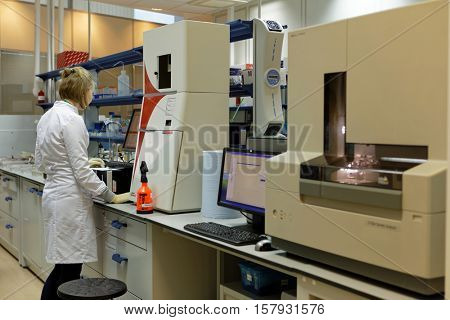 ST. PETERSBURG, RUSSIA - NOVEMBER 16, 2016: Researcher at work in the molecular genetics laboratory of the biotechnology company BIOCAD, the full-cycle drug development and manufacturing companies