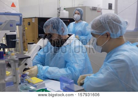 ST. PETERSBURG, RUSSIA - NOVEMBER 16, 2016: Researchers at work in the research laboratory of the biotechnology company BIOCAD. It is one of the full-cycle drug development and manufacturing companies