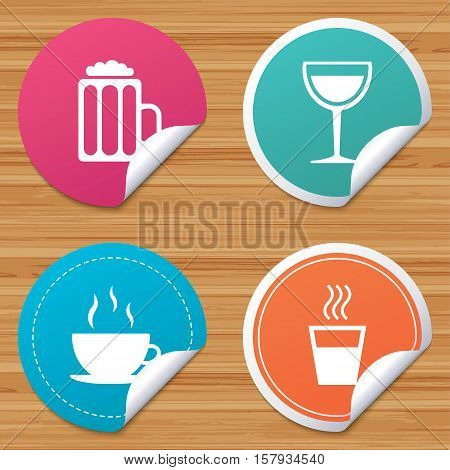 Round stickers or website banners. Drinks icons. Coffee cup and glass of beer symbols. Wine glass sign. Circle badges with bended corner. Vector