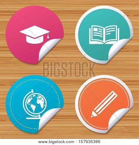 Round stickers or website banners. Pencil and open book icons. Graduation cap and geography globe symbols. Education learn signs. Circle badges with bended corner. Vector