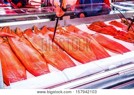 Samon seafood on the shelves of the fish market in Norway, Bergen