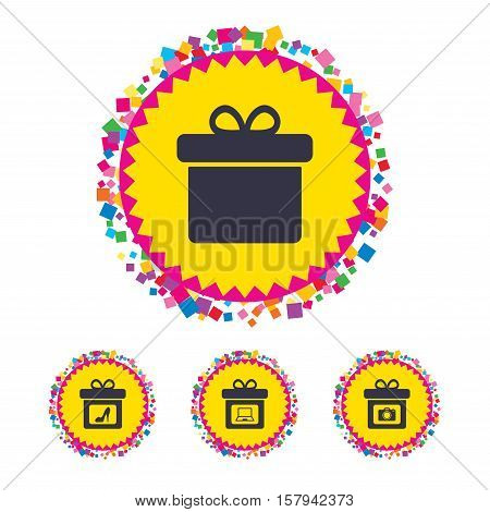 Web buttons with confetti pieces. Gift box sign icons. Present with bow symbols. Photo camera sign. Woman shoes. Bright stylish design. Vector