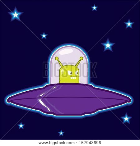Green alien in a saucer vector cartoon illustration clip-art
