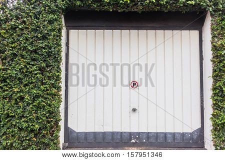 Garage door with ivy creepers growing flora over entrance  walls.