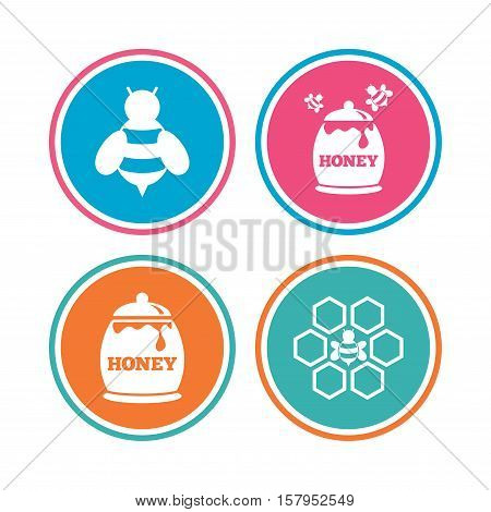 Honey icon. Honeycomb cells with bees symbol. Sweet natural food signs. Colored circle buttons. Vector
