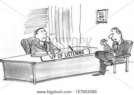 Black and white business illustration of a worker confiding in the VP of Listening.