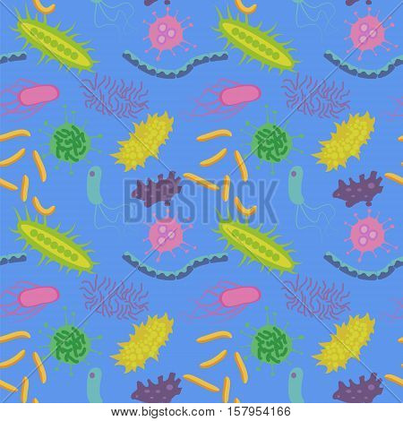 Bacteria of different kinds seamless pattern. Stock vector illustration with small microorganism microbe plankton animal.