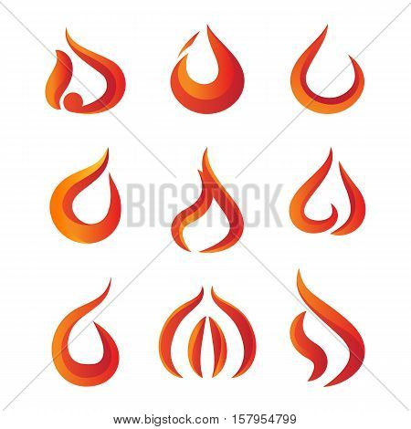 Set of gradient fire logo isolated on white background. Stock vector illustration of elegant red orange flames for business identity
