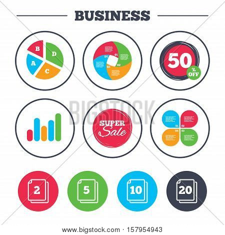 Business pie chart. Growth graph. In pack sheets icons. Quantity per package symbols. 2, 5, 10 and 20 paper units in the pack signs. Super sale and discount buttons. Vector