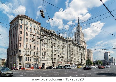 Moscow, Russia - June 02.2016. Former apartment house Afremov and Red Gate Building on the street Sadovaya-Spasskaya