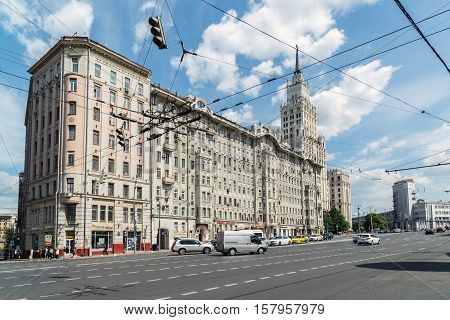 Moscow, Russia - June 02.2016. Former apartment house Afremov and Red Gate Building on the street Sadovaya-Spasskaya