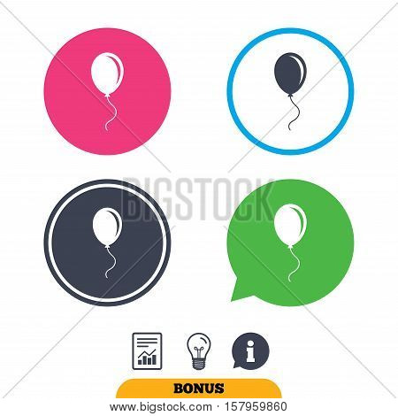 Balloon sign icon. Birthday air balloon with rope or ribbon symbol. Report document, information sign and light bulb icons. Vector