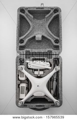 Varna Bulgaria - November 18 2016: Flying drone quadcopter Dji Phantom 4 Optimized Vision Positioning System isolated on white