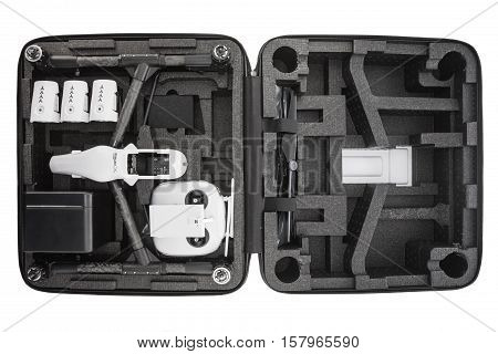 Varna Bulgaria - November 18 2016: Image of DJI Inspire 1 Pro drone UAV quadcopter which shoots 4k video and 16mp still images and is controlled by wireless remote with a range of 2km isolated on white