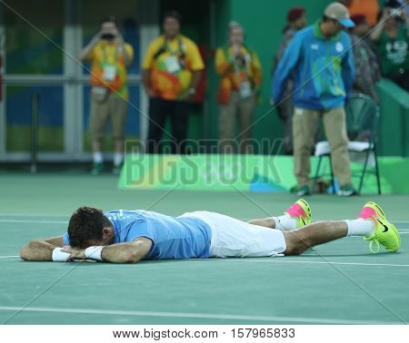 RIO DE JANEIRO, BRAZIL - AUGUST 13, 2016: Juan Martin Del Potro of Argentina celebrates victory after men's singles semifinal match of the Rio 2016 Olympic Games at Olympic Tennis Centre