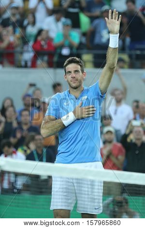 RIO DE JANEIRO, BRAZIL - AUGUST 13, 2016: Juan Martin Del Potro of Argentina celebrates victory after men's singles semifinal match of the Rio 2016 Olympic Games at Olympic Tennis Centre