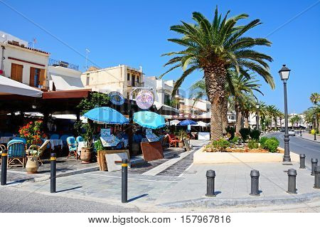 RETHYMNO, CRETE - SEPTEMBER 15, 2016 - Pavement cafes along the Eleytheriou Venizelou promenade Rethymno Crete Greece Europe, September 15, 2016.