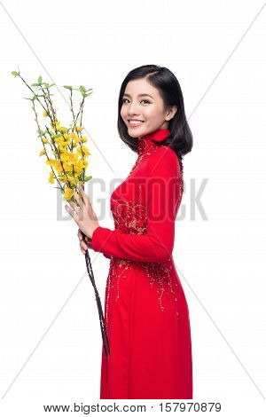 Portrait of a beautiful Asian woman on traditional festival costume Ao Dai holding Hoa Mai tree (Ochna Integerrima) flower. Tet holiday. Lunar New Year.