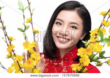 Portrait of a beautiful Asian woman on traditional festival costume Ao Dai holding Hoa Mai tree (Ochna Integerrima) flower. Tet holiday. Lunar New Year.