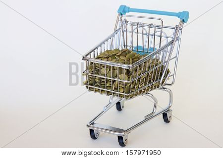 Pepitas in a super market shopping trolley.