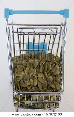 Pepitas in a super market shopping trolley.