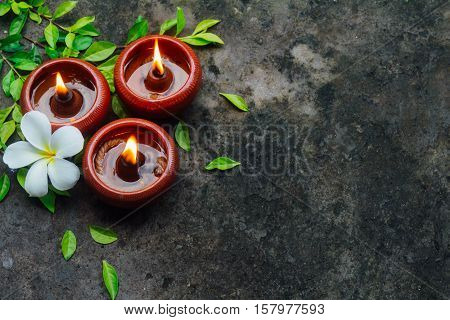 Candle light surrounding by dark nature and flower