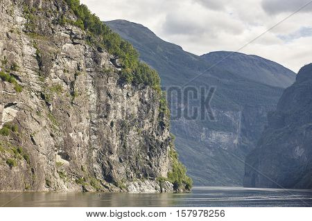 Norwegian fjord rocky landscape. Hellesylt Geiranger travel route. Tourism