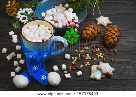Christmas homemade gingerbread cookies hot drink chocolate marshmallow. Christmas snowflakes. Christmas drink hot cocoa chocolate in blue plate scarf. Ingredients for hot chocolate marshmallow nuts