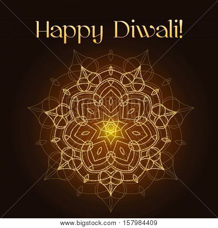 Diwali celebration background. Indian festival of lights. Greeting card with shiny floral mandala and gold glitter text Happy Diwali. Realistic gold sequins with blinks. Vector EPS10 illustration.