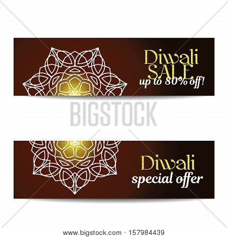 Set of Diwali big sale banners. Indian festival of lights. Flyers with gold glitter shiny text and floral mandalas. Special discount offer. Realistic gold sequins. Vector EPS10 illustration.