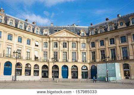 PARIS FRANCE - OCTOBER 11 2015: Place Vendome with its historical buildings and shops in the centre of Paris the capital and most visited city of France