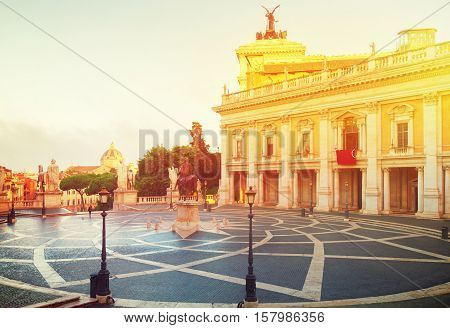 Campidoglio square, Capitoline hill in Rome, Italy, retro toned