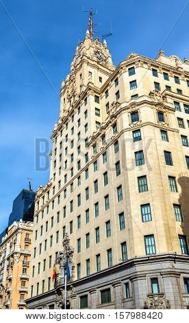 The Telefonica Building in Gran Via street - Madrid, Spain