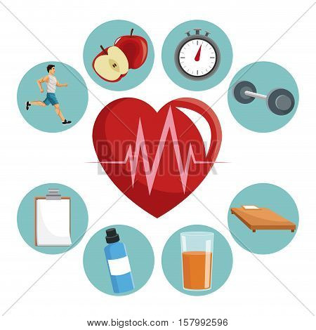 Heart apple bottle juice food bed and weight icon. Healthy lifestyle fitness sport and bodycare theme. Vector illustration
