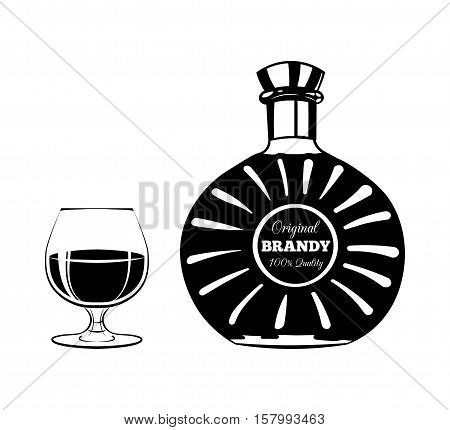 Cognac brandy bottle and glass. Isolated on white background vector illustration