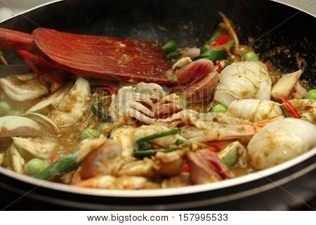 Cooking ,fried Jasmine Rice In Green Curry With Mixed Meat.