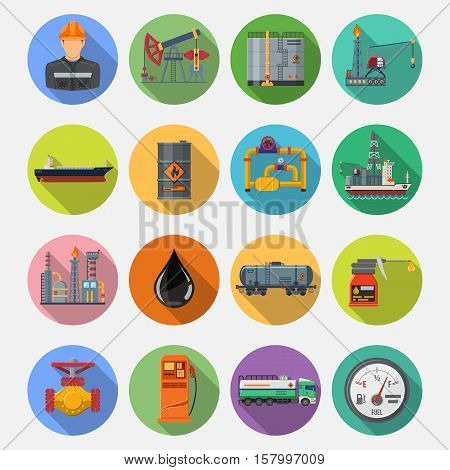 Oil industry extraction production and transportation oil and petrol Flat Icons Set with oilman, rig and barrels on colored circles with Long Shadows. vector illustration.