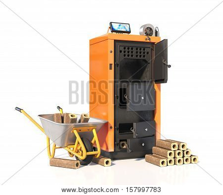 Open solid fuel boiler with briquettes of solid fuel. Isolated on white background. 3d illustration