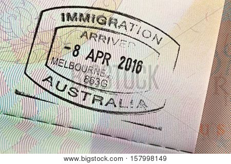 MELBOURNE, AUSTRALIA - OCTOBER, 2016 : Closeup of Arrival entry stamp on passport for immigration traveling at Melbourne airport, Australia on October 23, 2016