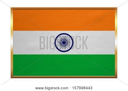 Indian national official flag. Patriotic symbol banner element background. Correct colors. Flag of India golden frame fabric texture illustration. Accurate size color