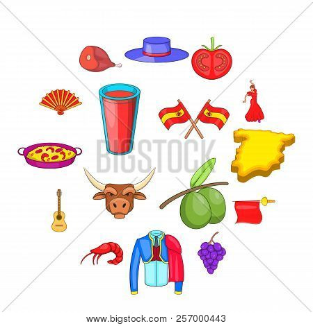 Spain Icons Set In Cartoon Style. Spain Travel Attractions Set Collection Illustration