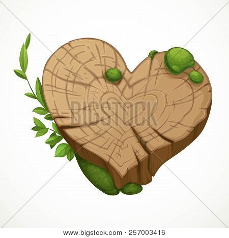 Old Cracked Stump In The Shape Of A Heart Moss Isolated On A White Background