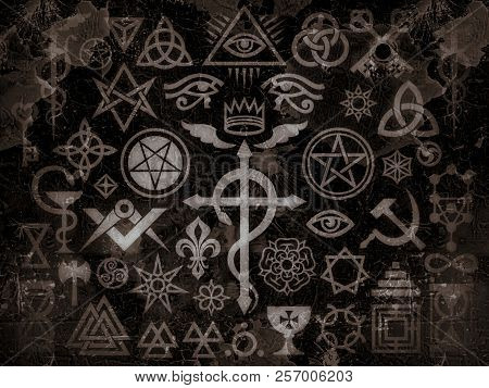 Medieval Occult Signs And Magic Stamps, Sigils, Locks, Knots. Mystic Symbols Of The Illuminati, Maso