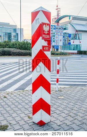 Slubice, Poland - August 19, 2018: Polish Territorial Sign In Slubice City. Border Post Near Border 
