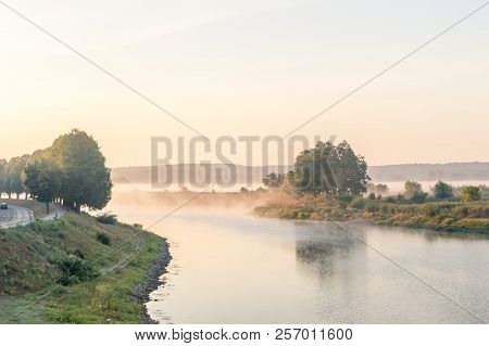 Fog Over Border River Oder In The Morning. Oder Is River Between Poland And German.